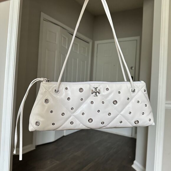 Tory Burch Kira Diamond Quilt Grommet East West Shoulder Bag NEW White Leather - Picture 3 of 8